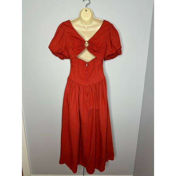 Anthropologie Currect Air Square-Neck Puff-Sleeved Midi Dress Linen Blend Sz XS - Picture 3 of 15